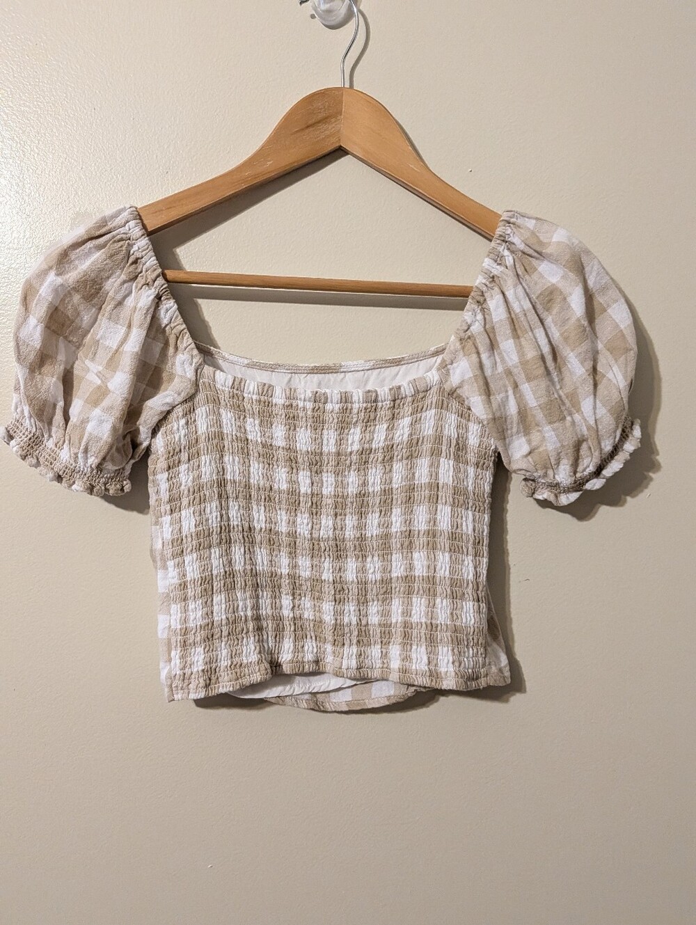 Abercombie Fitch Beige Gigham Linen Crop Top Smocked Puff Sleeve XS Cottagecore